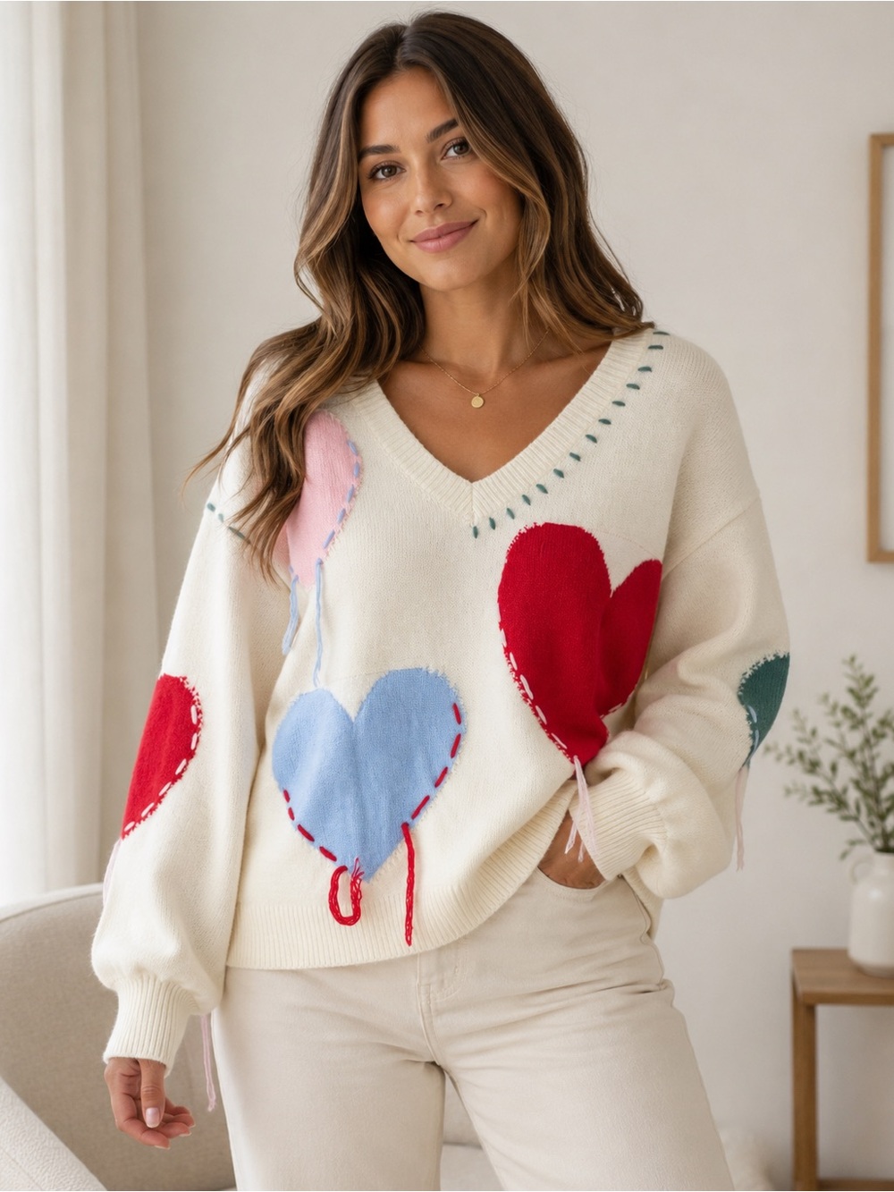 POL Women’s Small Cream Heart Appliqué Whipstitch Oversized V-Neck Sweater